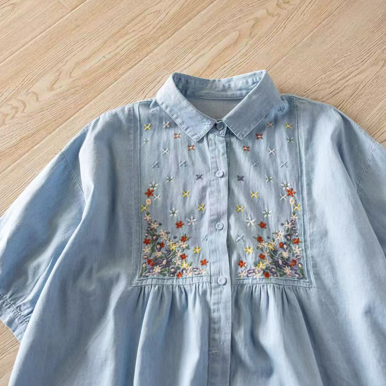 Embroidery Cotton Shirt - 2026 Baumwoll-Vintage-Bluse mit Blumenstickerei, Kurzarm-Jeanshemd, lockerer