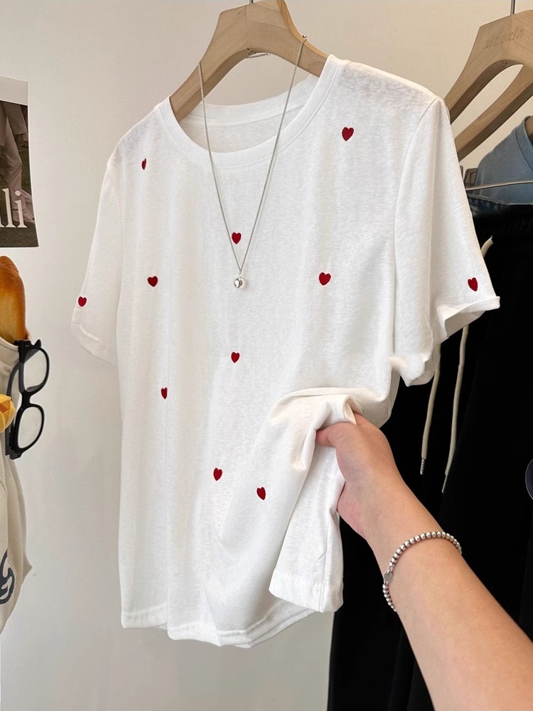 Embroidery Cotton Shirt - Übergröße 240 Pfund Love-Stickerei Kurzarm Damen